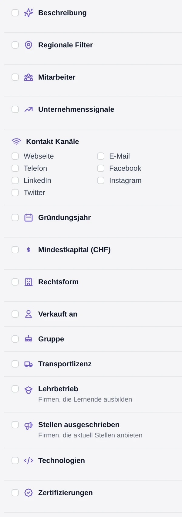 Die Filterleiste von Ainova: Beschreibung, Regionale Filter, Mitarbeiter, Unternehmenssignale, Kontakt Kanäle, Gründungsjahr, Mindestkapital, Rechtsform, Verkauft an, Gruppe, Transportlizenz, Lehrbetrieb, ausgeschriebene Stellen, Technologien und Zertifizierungen