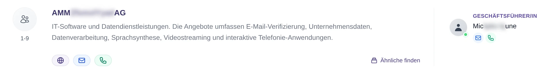 Ein Suchtreffer in Ainova Intelligence: Firmenname nur teilweise lesbar, daneben Grösse, Branche und Tätigkeit im Klartext, Symbole für Webseite, E-Mail und Telefon ohne die Angaben selbst, rechts die Funktion «Geschäftsführer/in» mit unkenntlich gemachtem Namen